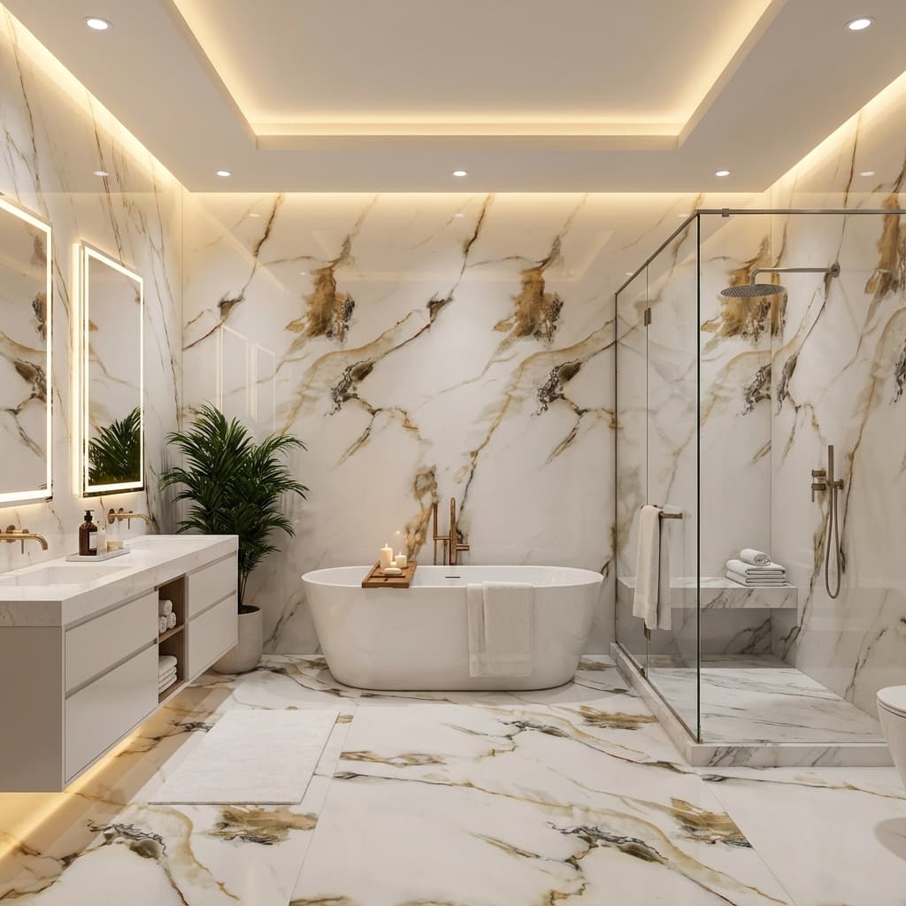 Waterproof PVC wall panels for bathroom with marble decor