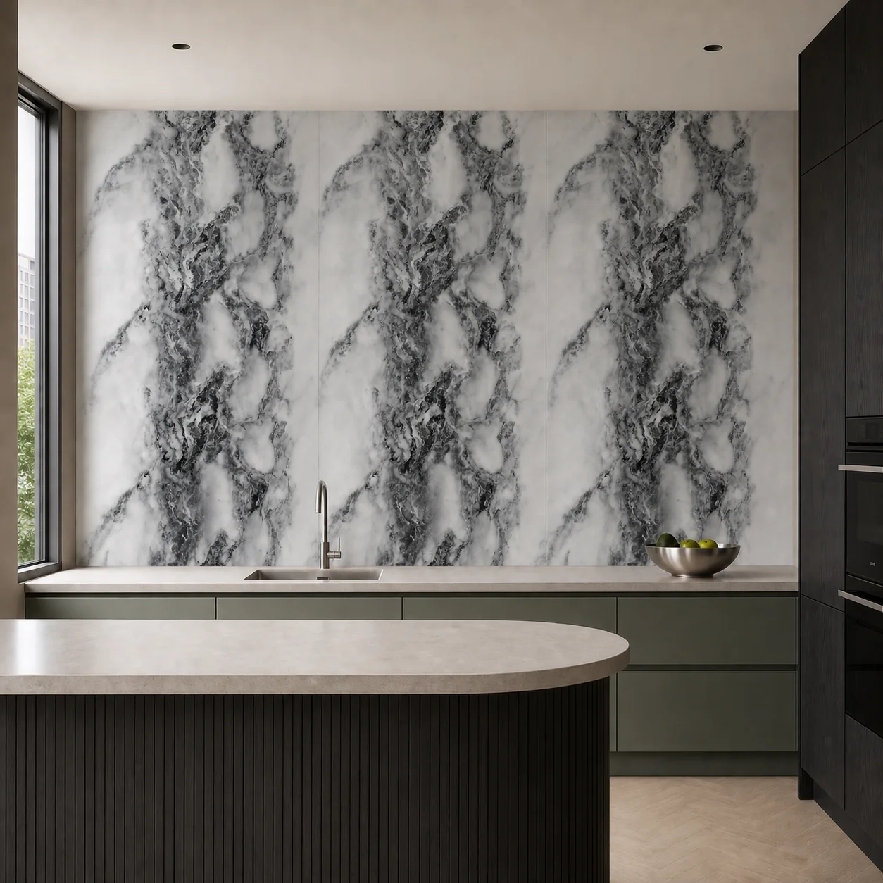 Градска кухня с PVC стенен панел Космос, извит остров и зелени шкафове