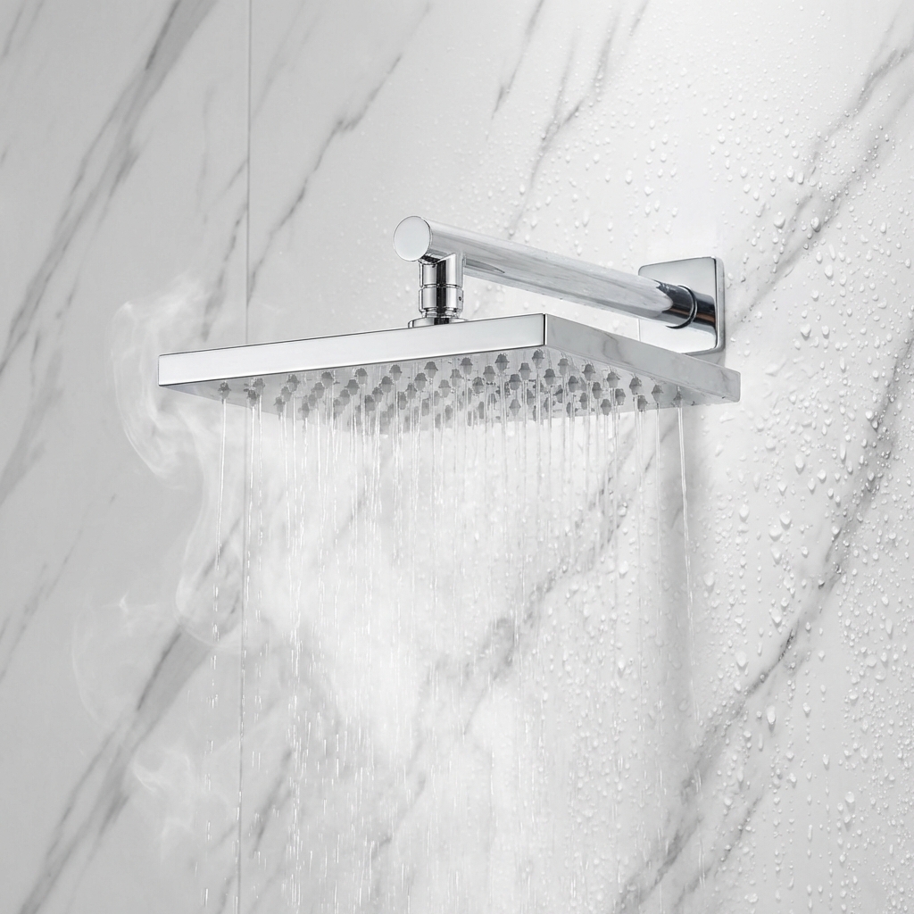 Баня изпълнена с пара след горещ душ, показваща конденз по повърхността на PVC панелите